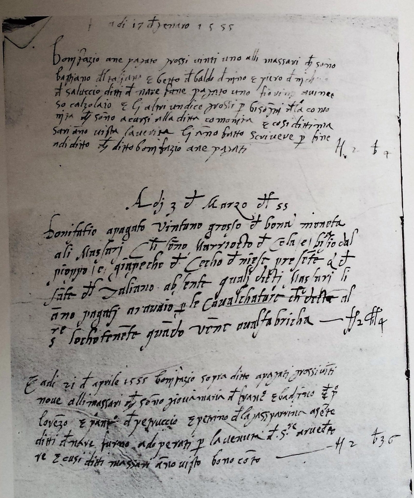 Documento di pagamento per le cavalcature in occasione di una visita del Luogotenente - registro dei Massari di Valfabbrica del 1555